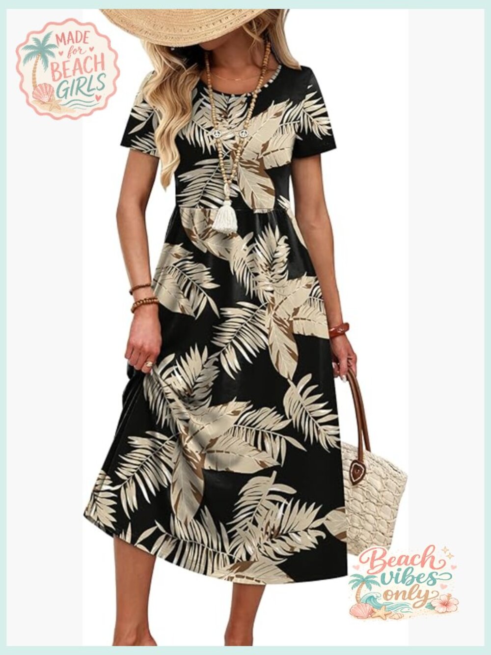 Flowy Midi Sundress with Pockets Crewneck Short Sleeve Casual Beach